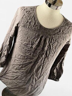 Womens GAP Floral Deep Purple Taupe Scoop Neck 3/4 Sleeve Blouse (Large)